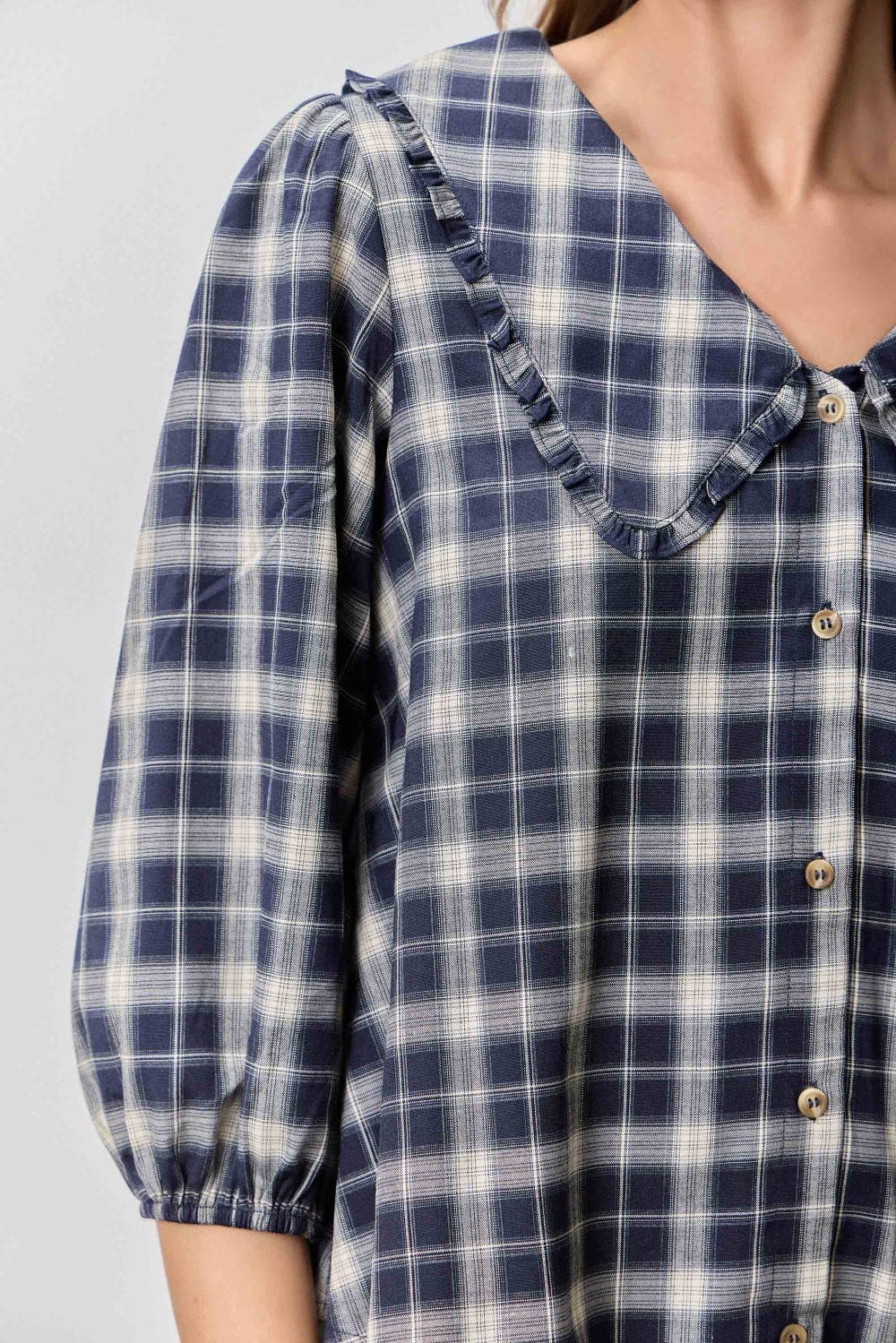 PLAID PRINT V NECK HALF SLEEVE PETER PAN COLLAR TOP SKIRT JACKET SET