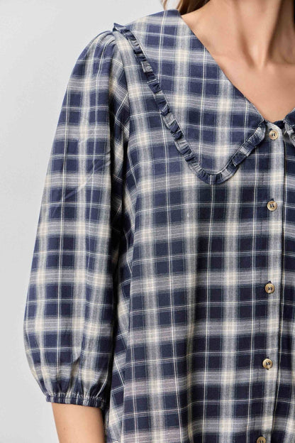 PLAID PRINT V NECK HALF SLEEVE PETER PAN COLLAR TOP SKIRT JACKET SET