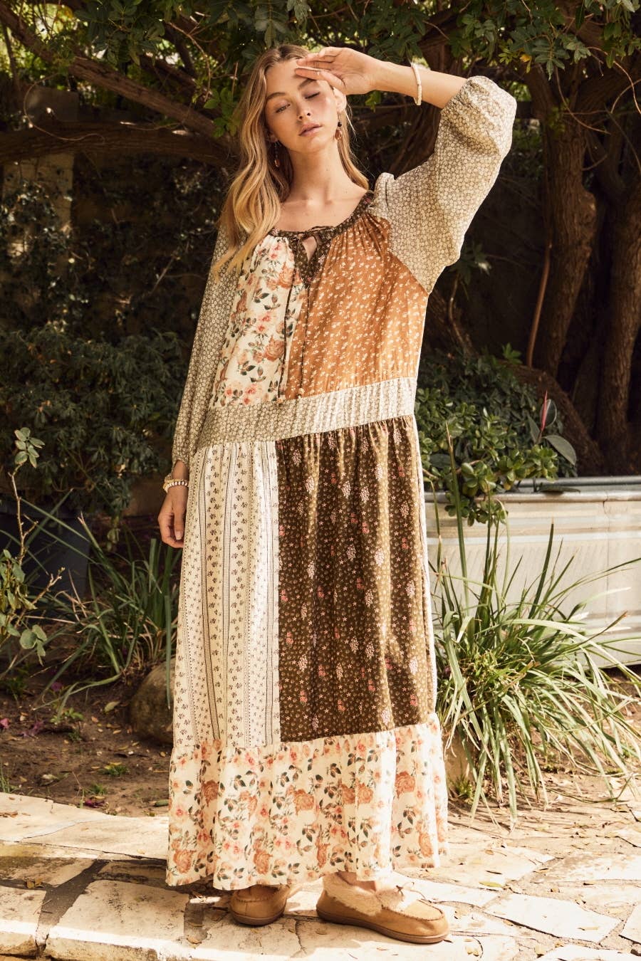 Mixed Floral Print Tiered Midi Dress