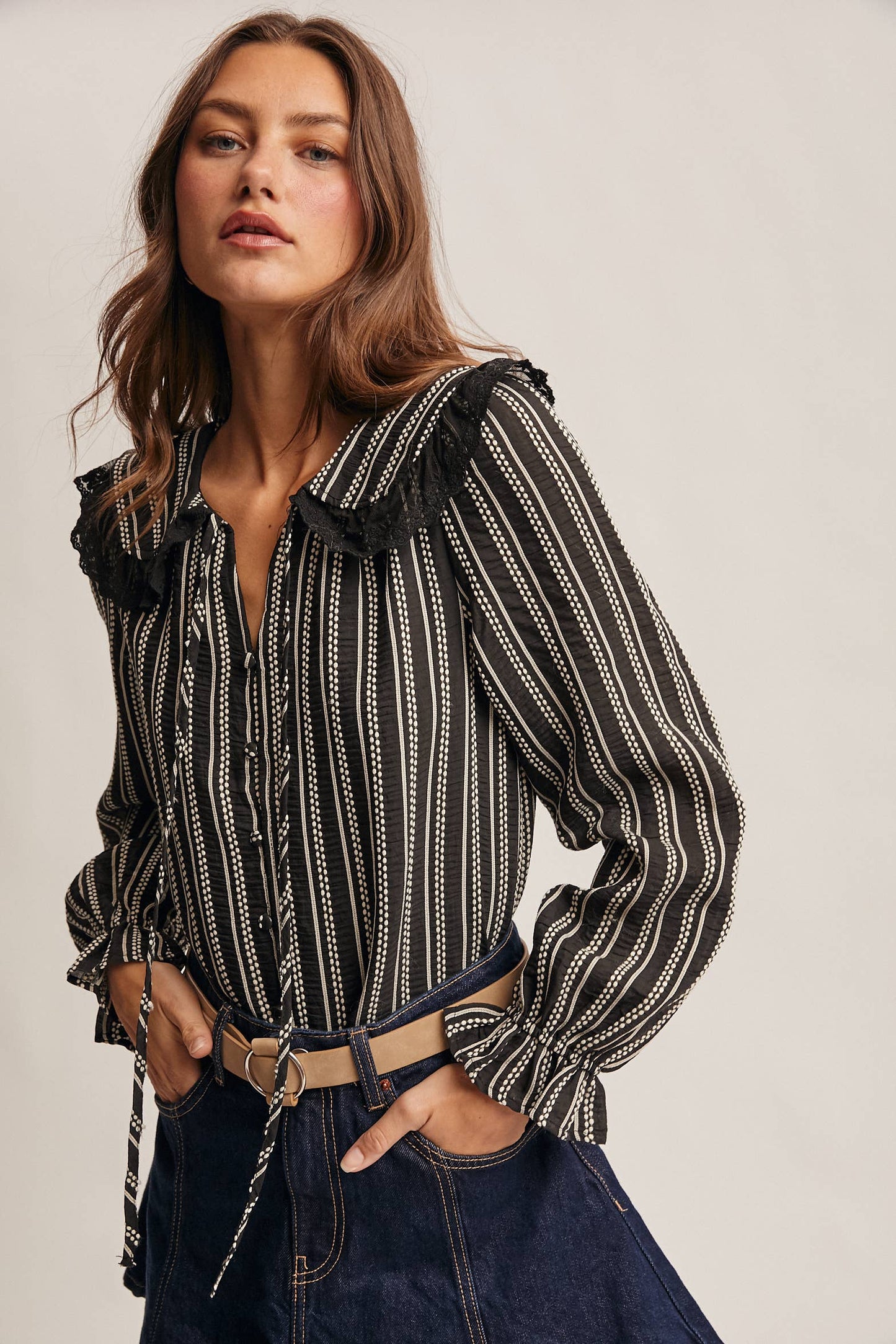 Embroidered Collar Textured Peter Pan Blouse