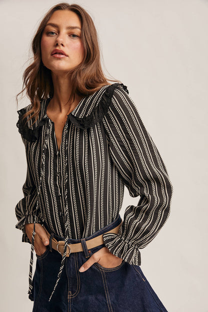 Embroidered Collar Textured Peter Pan Blouse