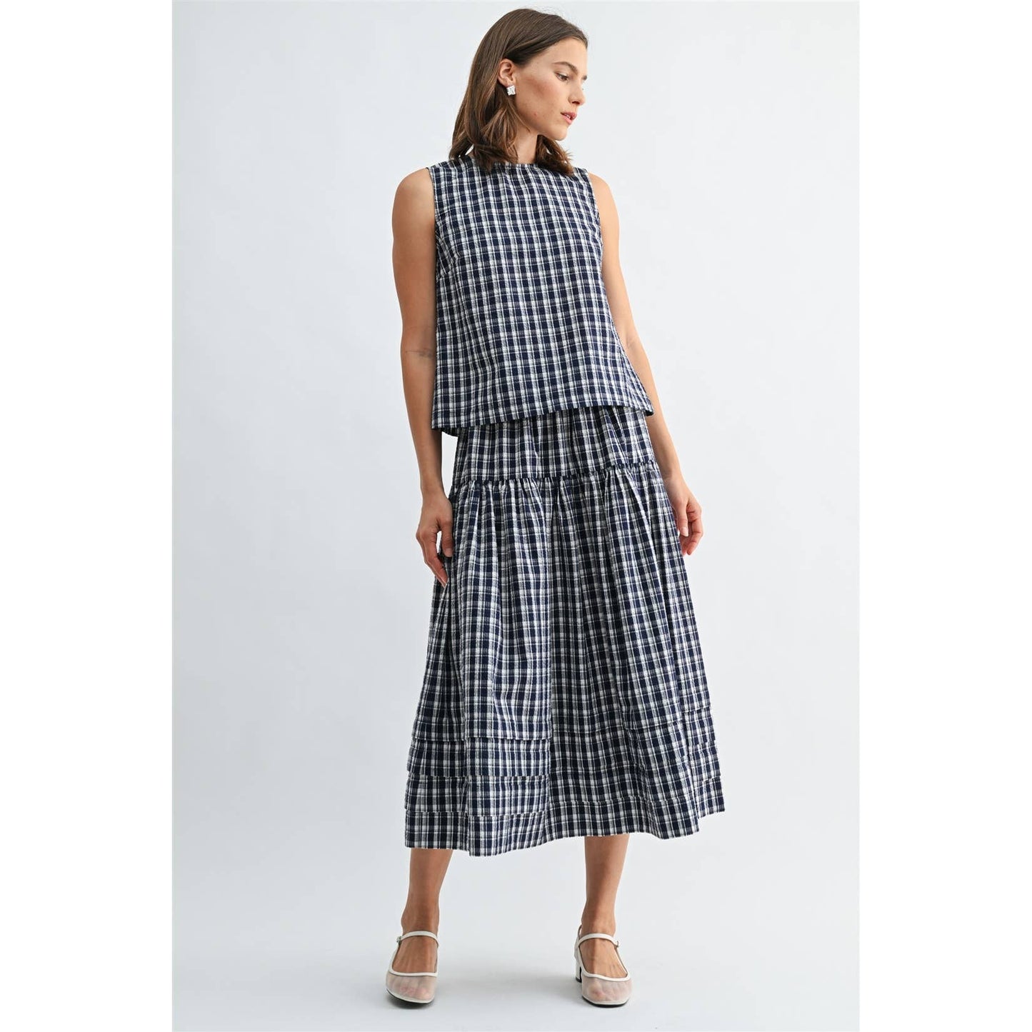GINGHAM PRINTED PIN TUCK DETAIL MIDI SKIRT - PRE ORDER