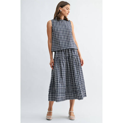 GINGHAM PRINTED PIN TUCK DETAIL MIDI SKIRT - PRE ORDER