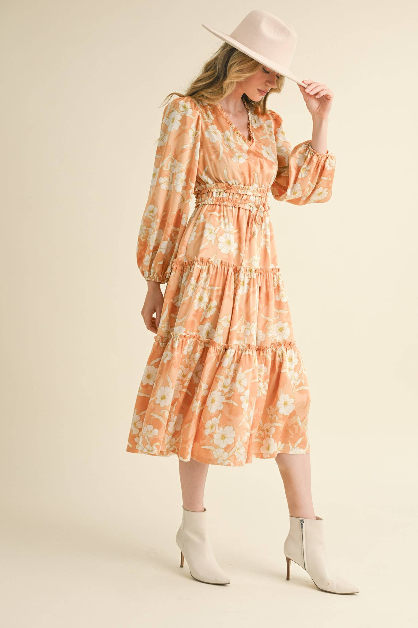 EXCLUSIVE PRINT RUFFLE TRIM FLORAL MIDI DRESS Silver Champagne