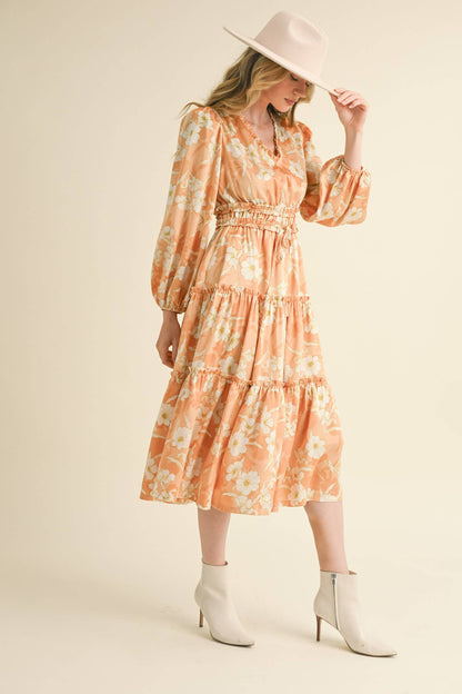 EXCLUSIVE PRINT RUFFLE TRIM FLORAL MIDI DRESS Silver Champagne