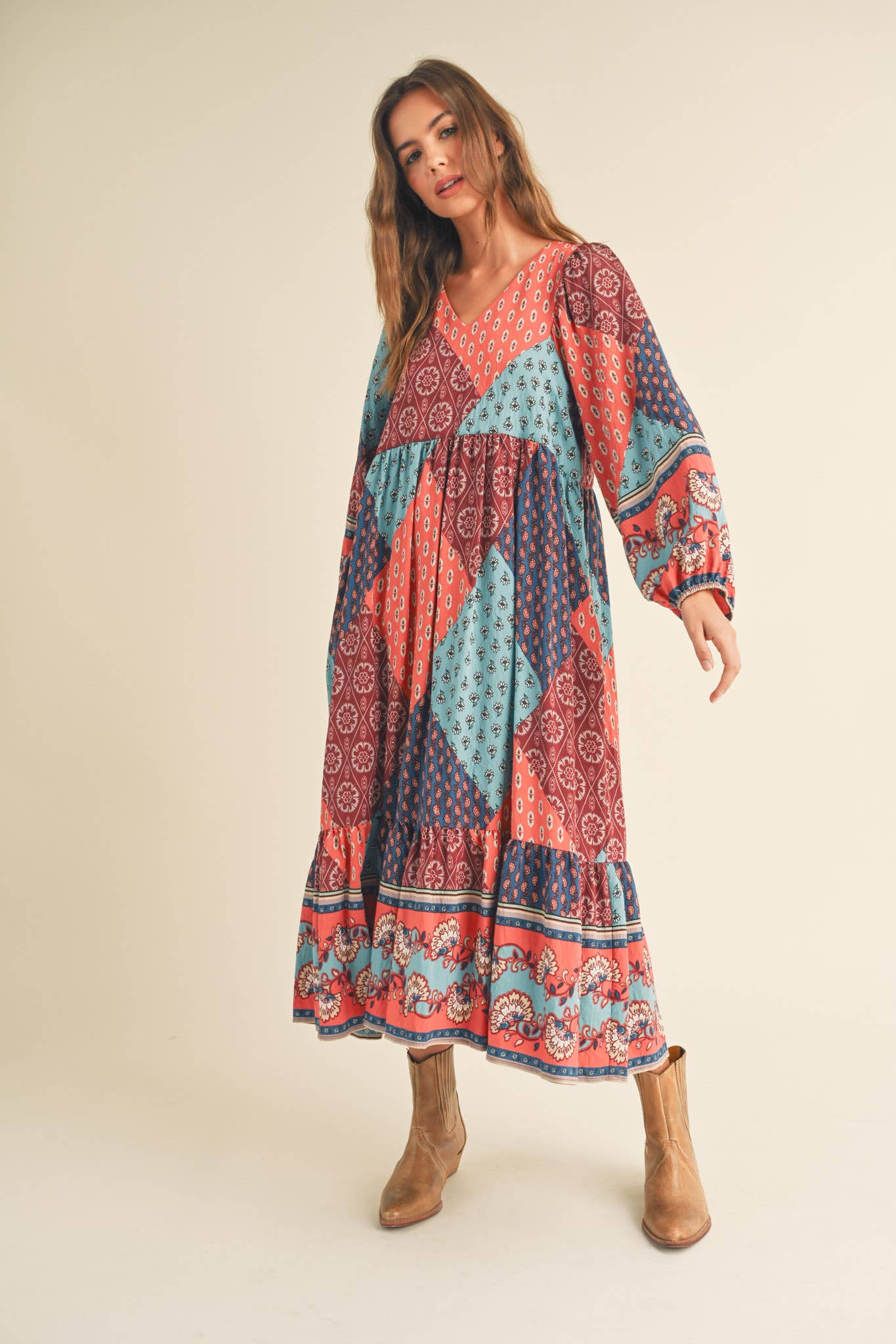 PATCHWORK PRINT BALLOON SLEEVE MIDI DRESS