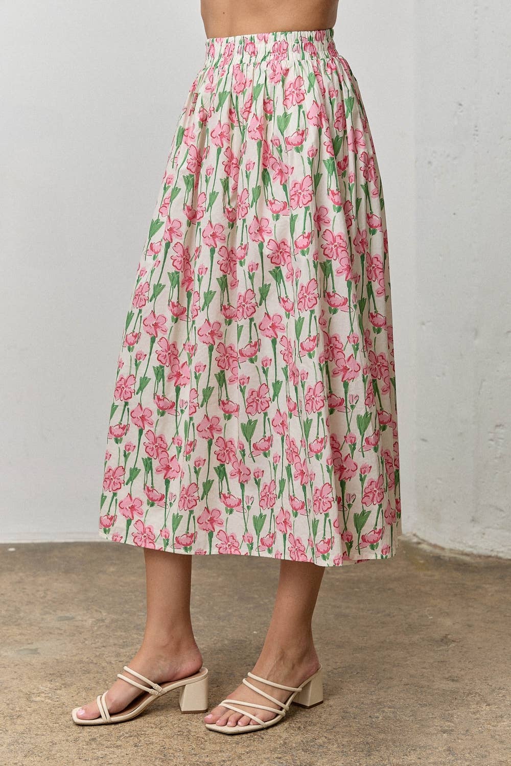 Ditsy Floral High-Waisted A-Line Midi Skirt Top Pink