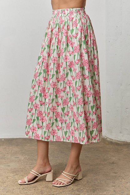 Ditsy Floral High-Waisted A-Line Midi Skirt Top Pink