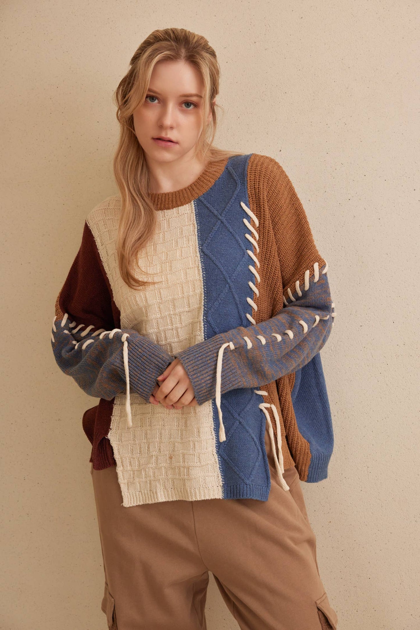 Color Block Sweater with Drawstring Details