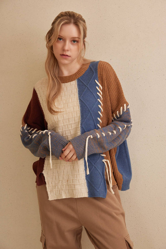 Color Block Sweater with Drawstring Details