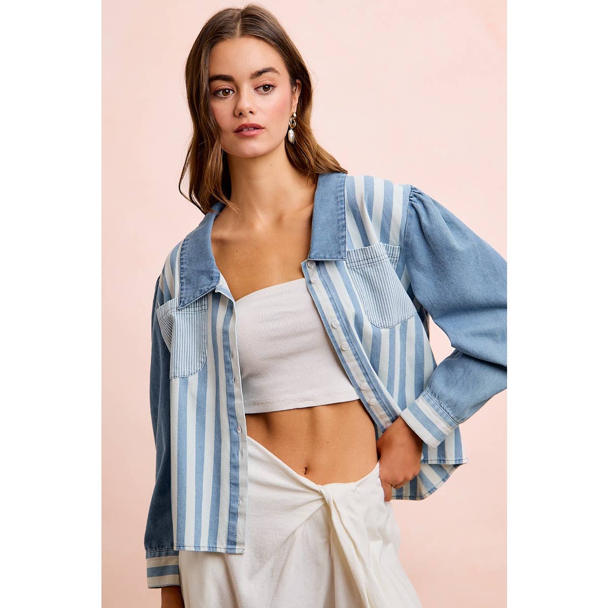 WASHED MULTI STRIPED DENIM BUTTONED SHACKET TOP