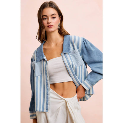 WASHED MULTI STRIPED DENIM BUTTONED SHACKET TOP