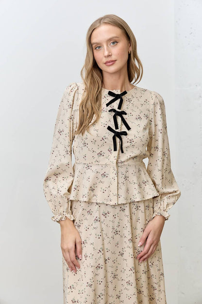 VELVET BOW LONG SLEEVE TOP & SKIRT SET