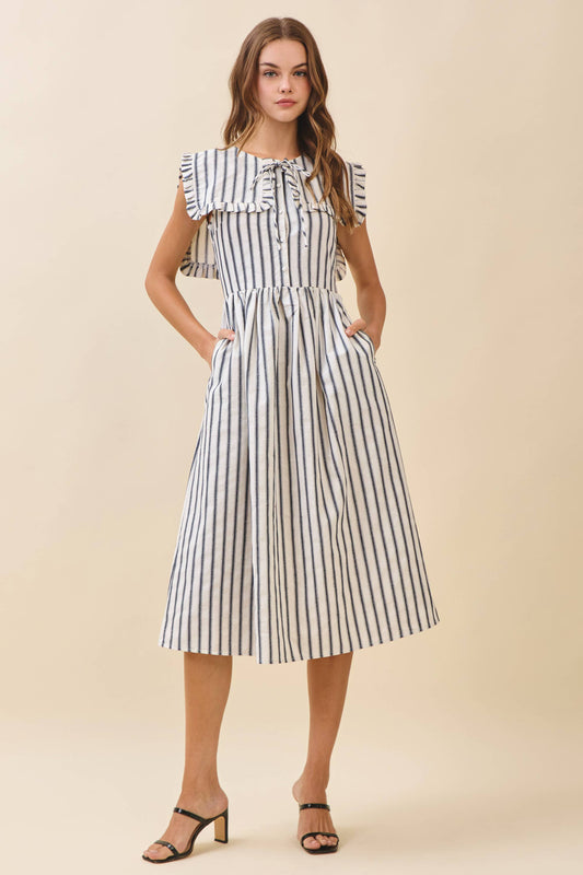 Striped Ruffled Square Collar Front Tie Midi Dres