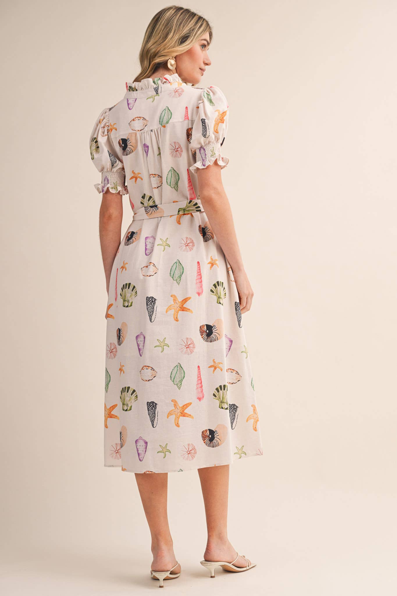 SEASHELL PRINT RUFFLE COLLAR BELTED MIDI DRESS