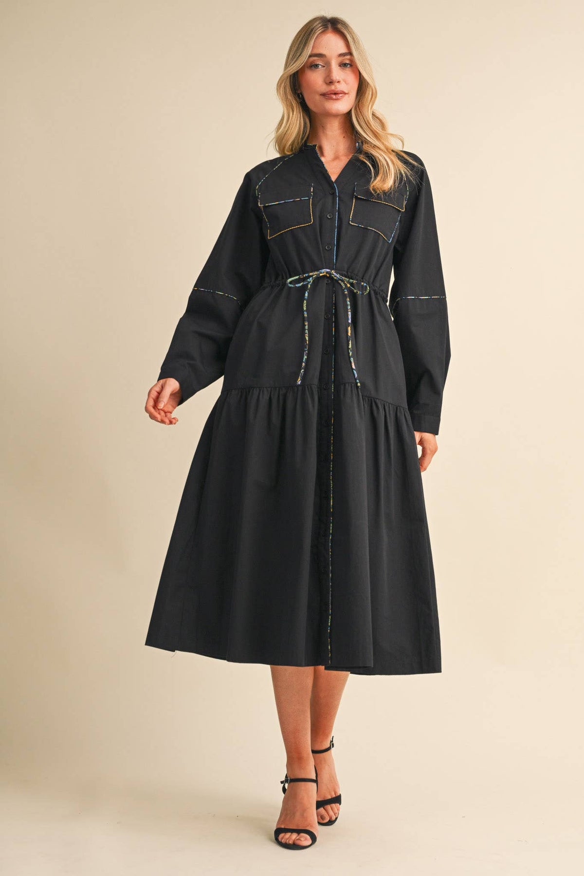 UTILITY MIDI DRESS WITH CONTRAST PIPING TRIM