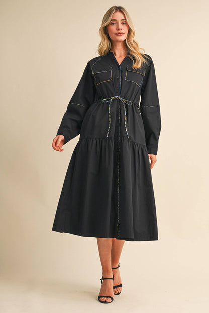 UTILITY MIDI DRESS WITH CONTRAST PIPING TRIM
