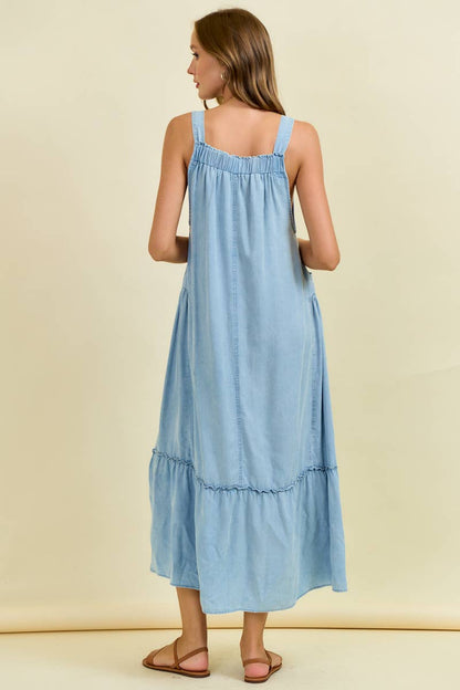 TENCEL MAXI OVERALL DRESS WITH TIERED RUFFLE