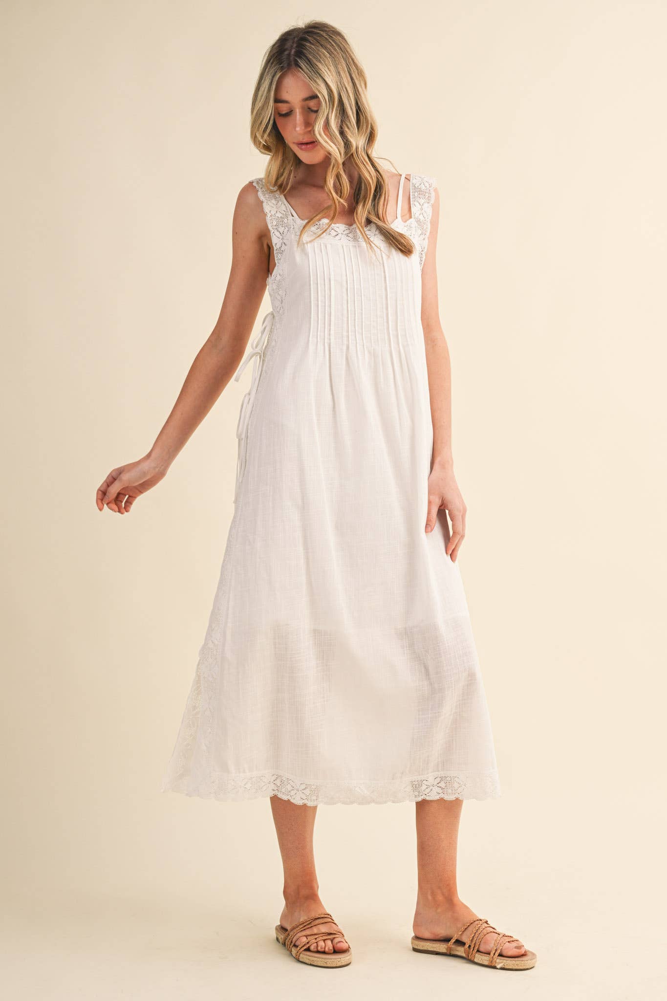 COTTON LACE TRIM SIDE TYING MIDI DRESS BLACK WHITE