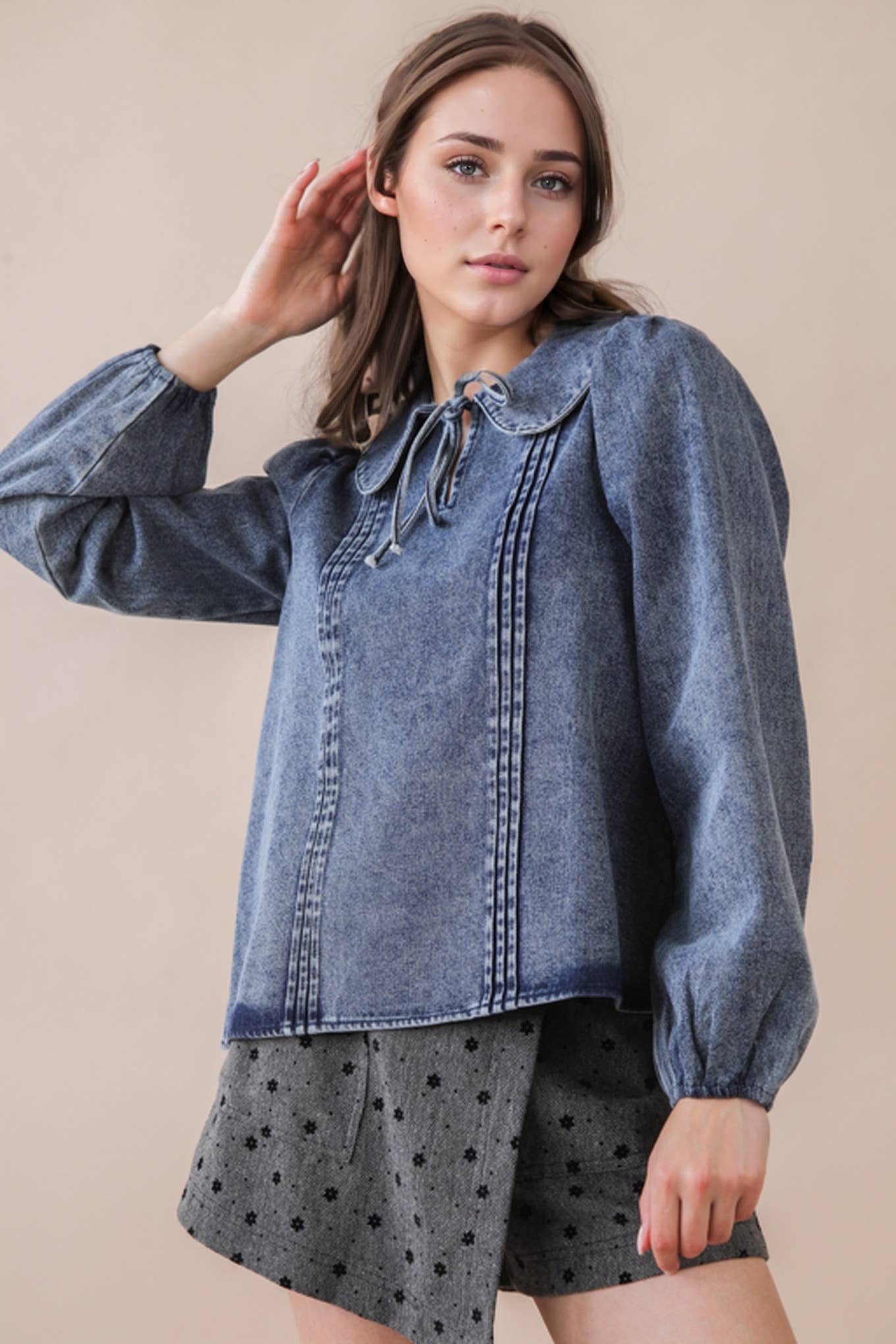 Mineral Washed Chambray Denim Blouse Top