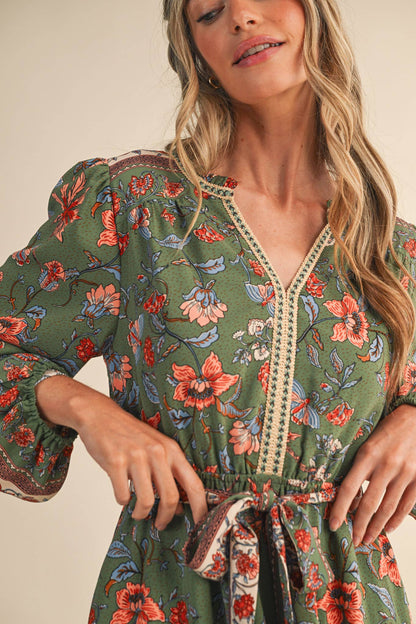 Green floral midi dress