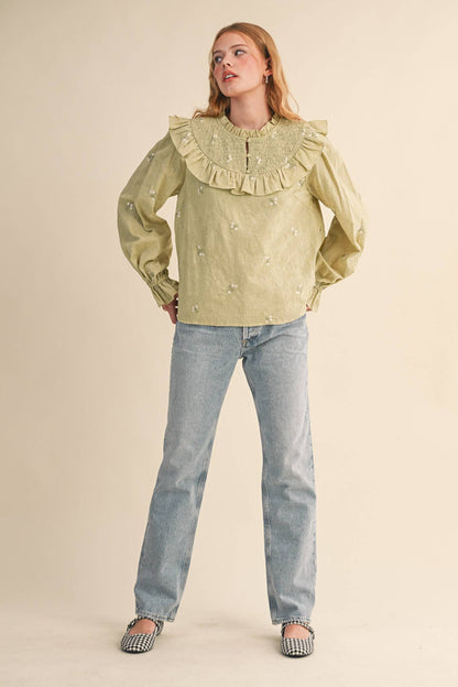 RUFFLED SMOCKED YOKE EMBROIDERED BLOUSE Multiple Color - PRE ORDER