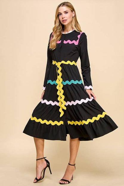 Colorful Ric Rac Detail Midi Dress