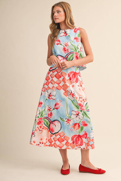 FLORAL PRINT CROP TANK AND MIDI SKIRT SET - MULTIPLE COLORS