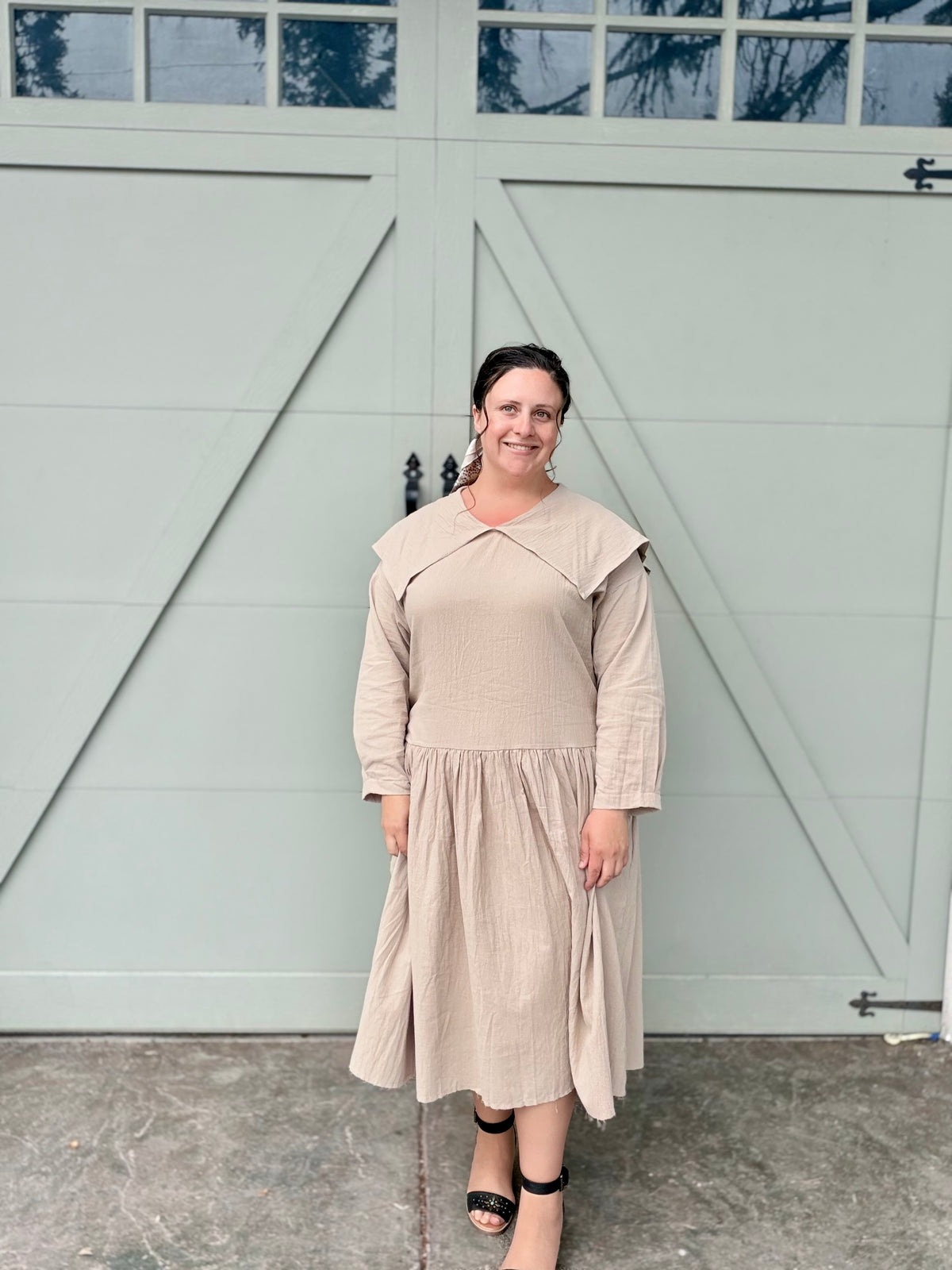 Peter Pan Collared Long Sleeve Midi Dress Oatmeal