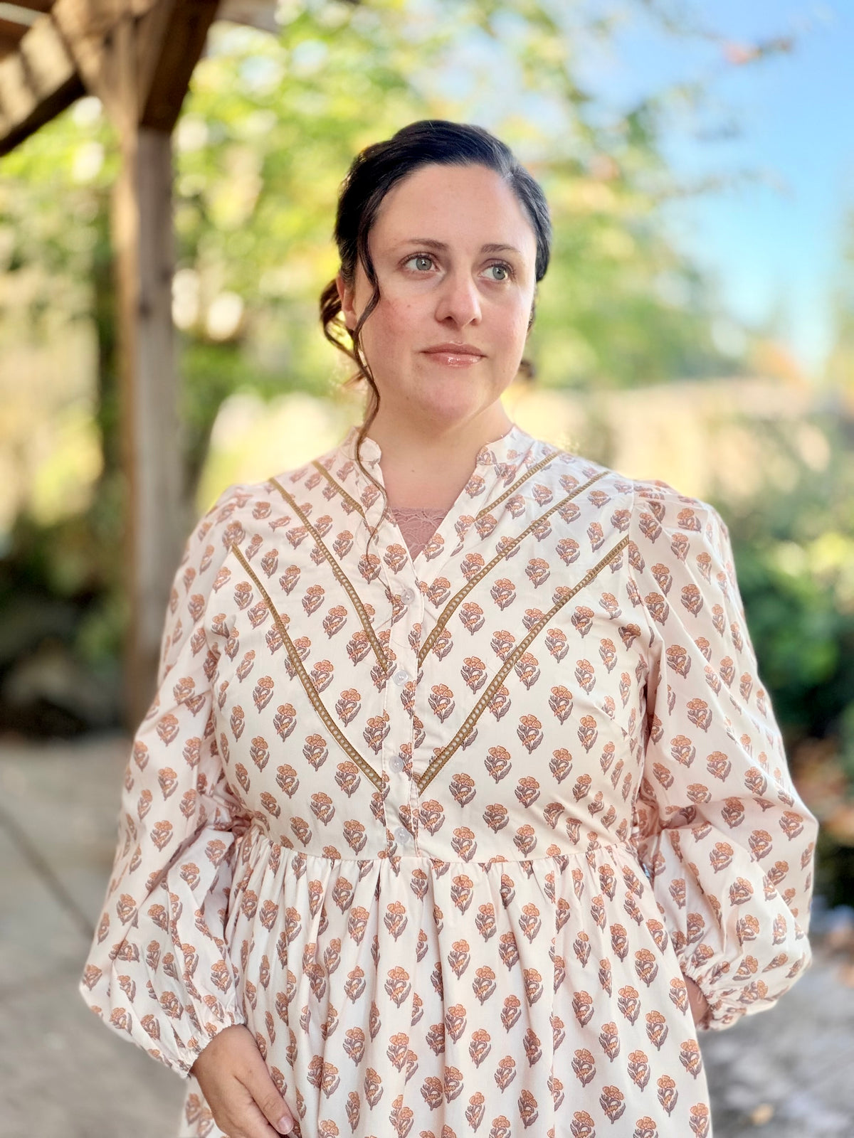 V Neck Button Down Mustard Pink Midi Dress