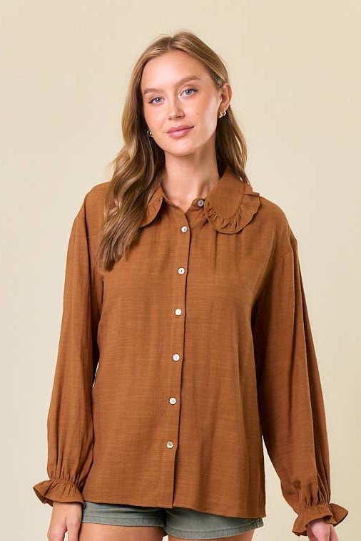 Ruffle Collar Drop Shoulder Oversized Blouse Rust Coffee