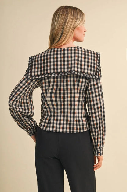 Black White Brown Lace Gingham Blouse