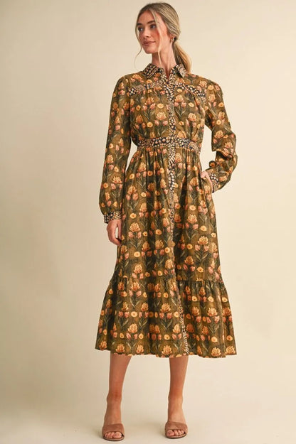 Olive Brown Floral Print Midi Dress