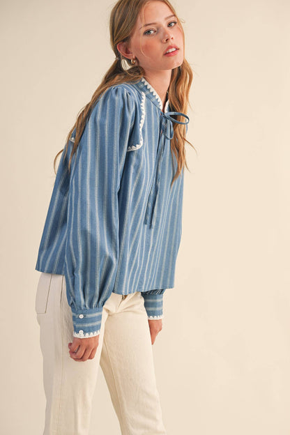 STRIPED PUFF SLEEVE TOP WITH BLANKET STITCH BLUE BLOUSE - PRE ORDER