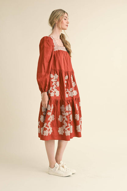 FLORAL EMBROIDERED TIERED MIDI DRESS RUST AMBER SQUARE NECK