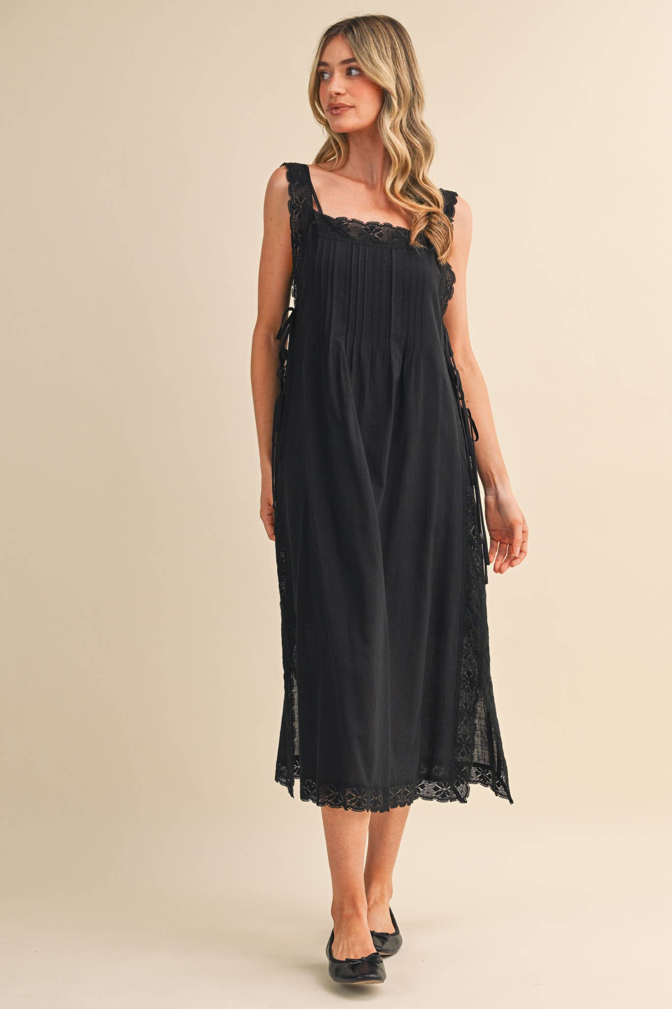COTTON LACE TRIM SIDE TYING MIDI DRESS BLACK WHITE
