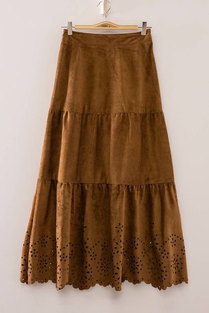 Faux Suede Tiered Midi Skirt - Multiple Colors