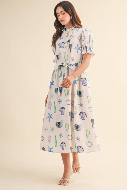 SEASHELL PRINT RUFFLE COLLAR BELTED MIDI DRESS