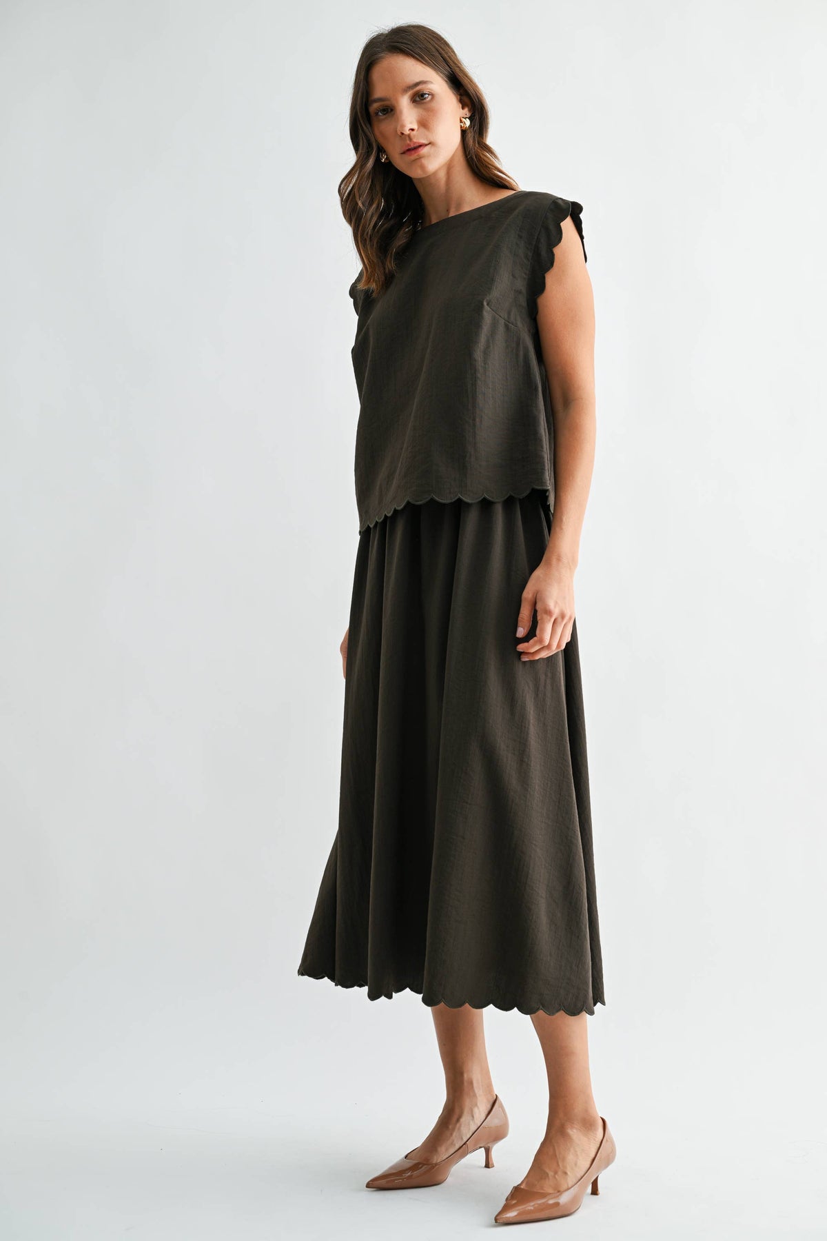 OLIVE GREEN SCALLOP EDGE MAXI TOP SKIRT SET