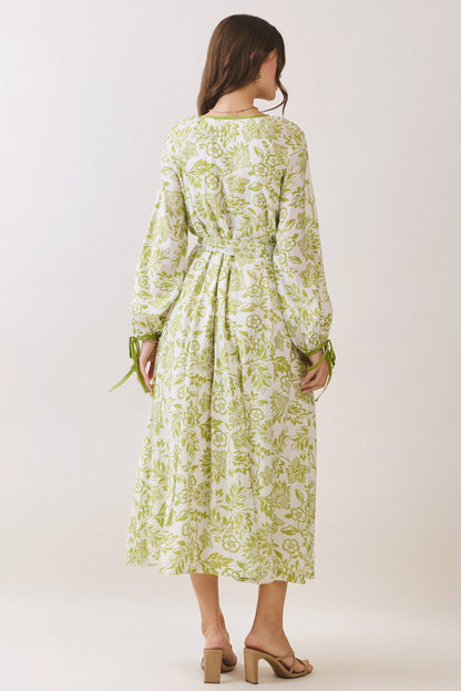 Floral Tie Front Button Placket Down Midi Dress