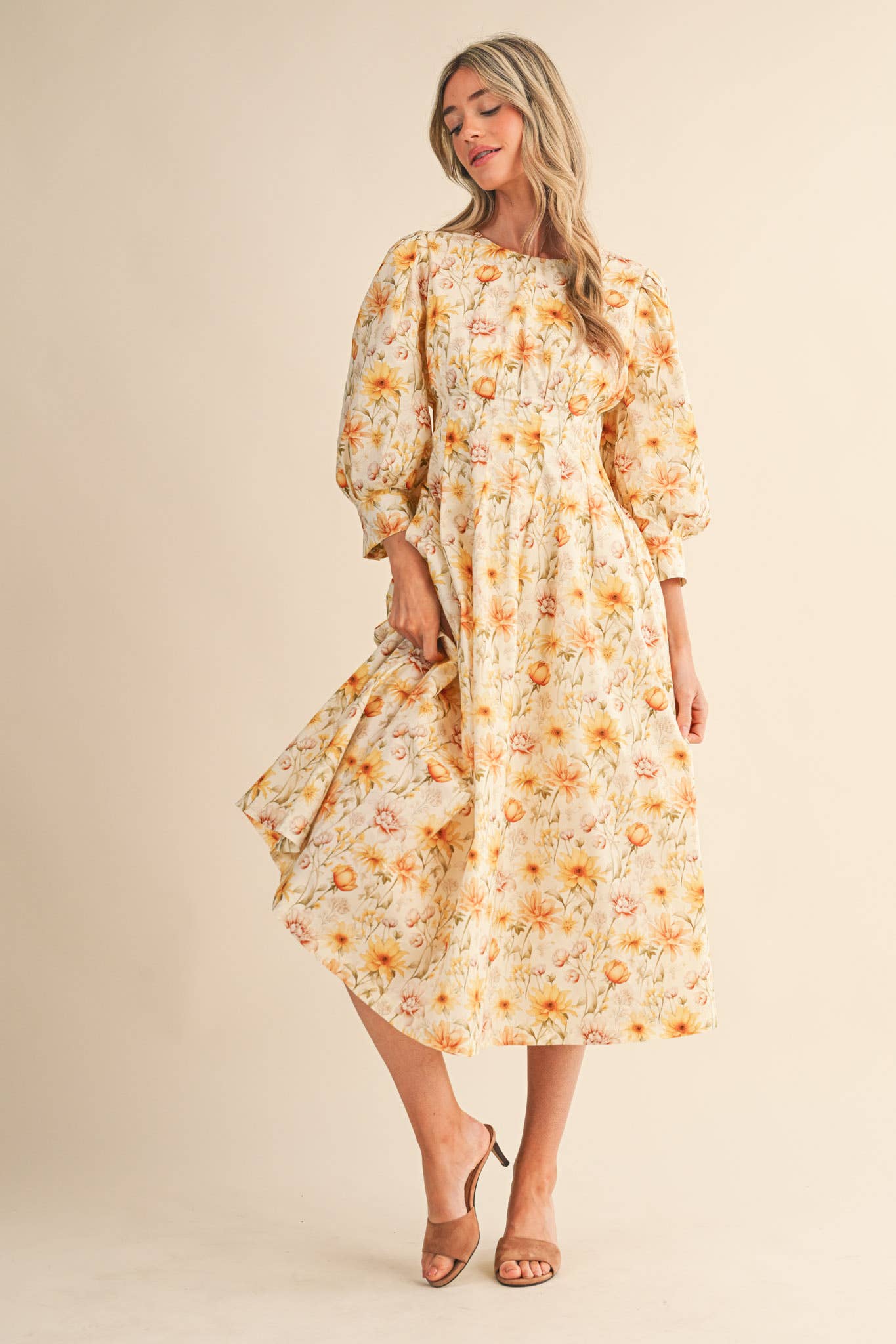 Yellow Floral Pleated Waist Midi Dress