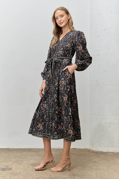 PRINTED FLORAL V-NECK MIDI DRESS