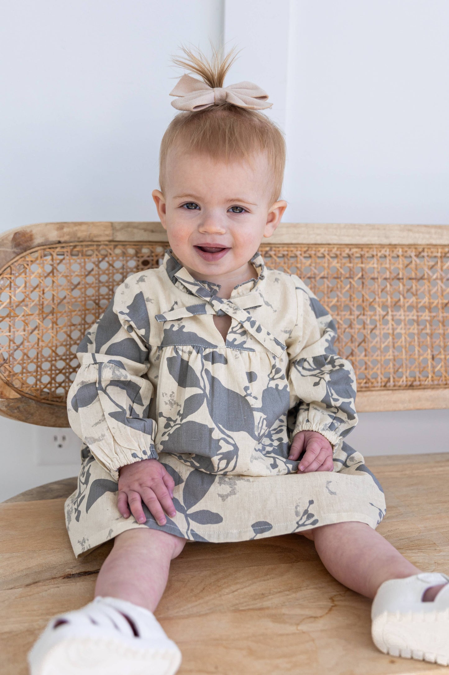 Grey Leaf Printed Gathered Long Sleeve Dress