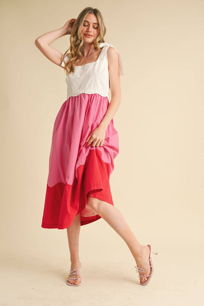 SCALLOPED COLOR BLOCK PINK SCALLOP MIDI DRESS