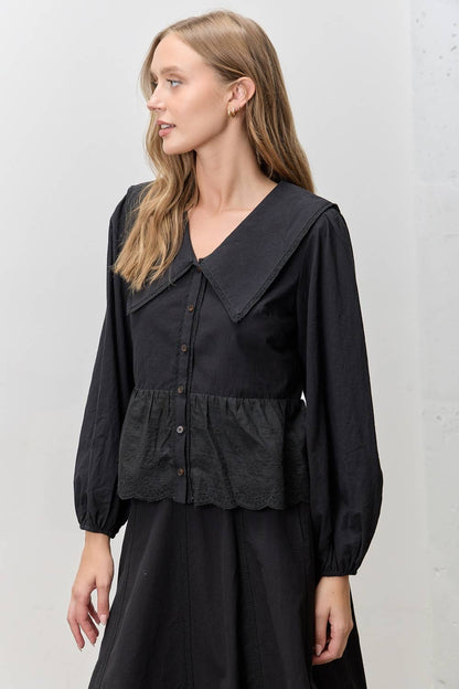 COTTON EYELET ACCENT COLLARED TOP & SKIRT SET