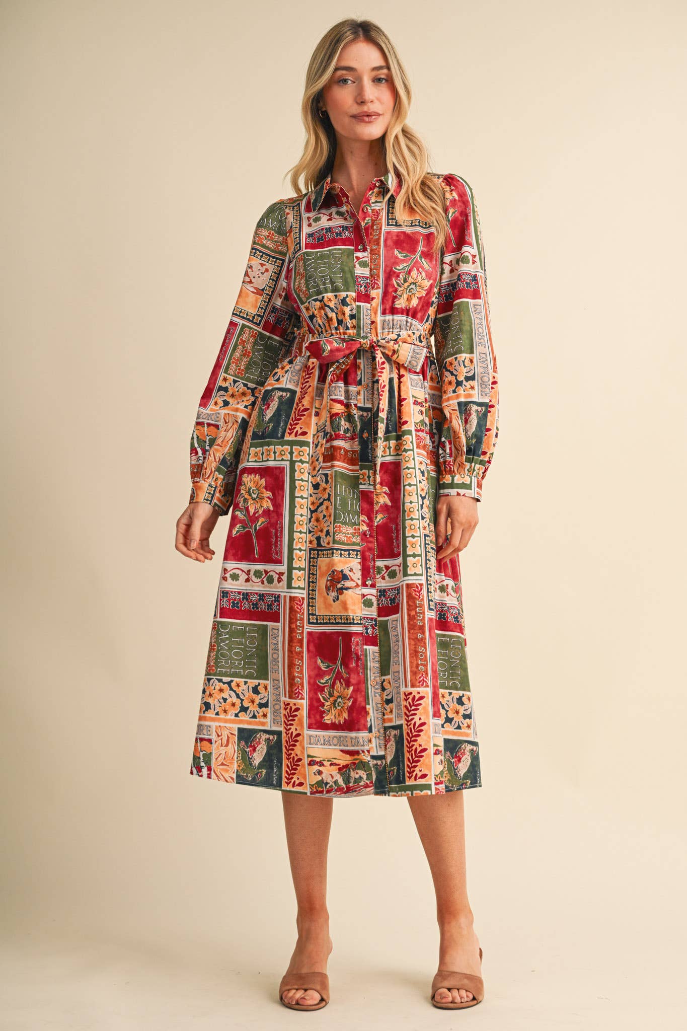 PATCHWORK PRT EMBELLISHED BUTTON DWN BELTED MIDI DREss