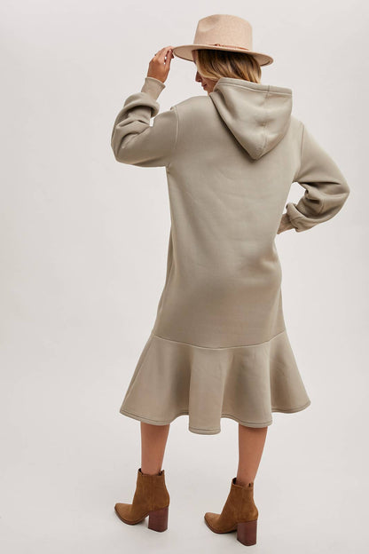 FLOUNCE HEM HOODIE SWEATSHIRT MIDI DRESS