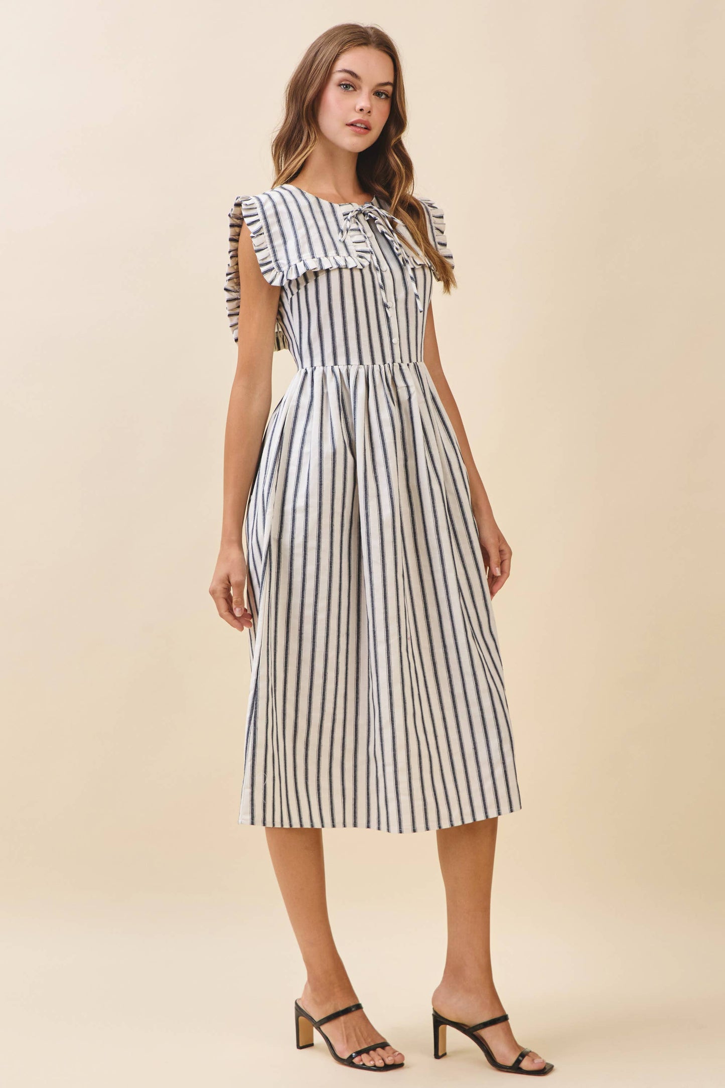 Striped Ruffled Square Collar Front Tie Midi Dres