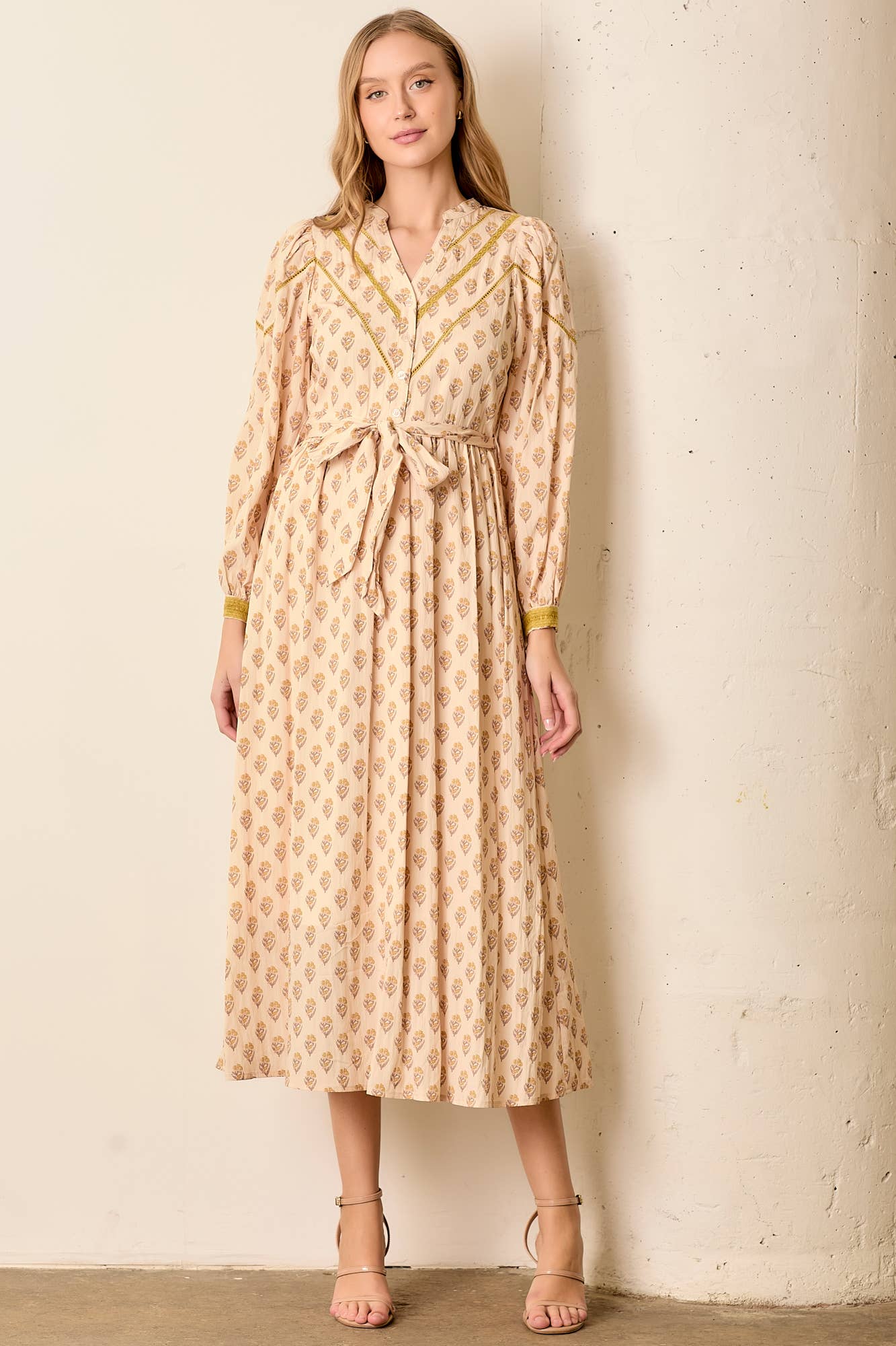 V Neck Button Down Mustard Pink Midi Dress