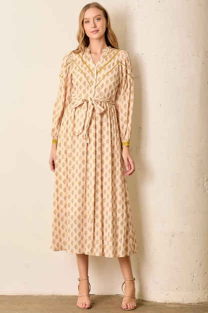 V Neck Button Down Mustard Pink Midi Dress
